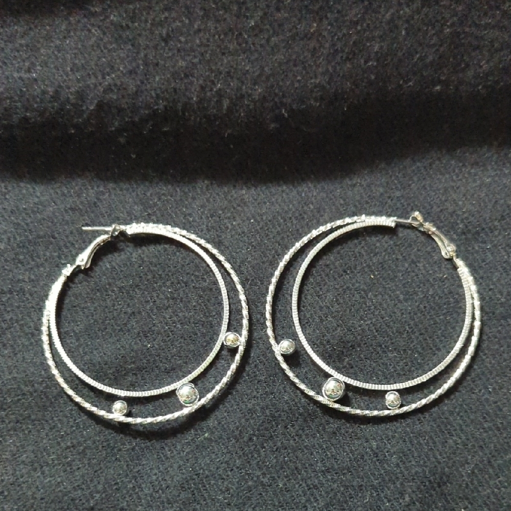 Silver Tone Double Hoop With Ball Statement Earrings